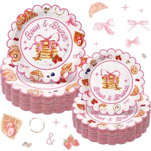 Domensi 60 Pcs Bows and Brunch Baby Shower Decorations, Pink Bows and Brunch Girls Party Supplies Set for 24 Guests, 9" Dinner Plates & 7" Dessert Plates for Birthday, Bridal Shower