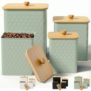 Kitchen Canisters for Countertop Set of 4 - Textured Iron Kitchen Canisters with Airtight Lids - Flour Sugar Canister Set - Flour and Sugar Containers Farmhouse - Coffee Jar for Counter - Green Jar