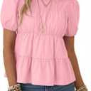 Rapbin Womens Puff Short Sleeve Babydoll Tops Summer Peplum Pleated Cotton T Shirts Casual Loose Fit Flowy Blouses (Pink, S)
