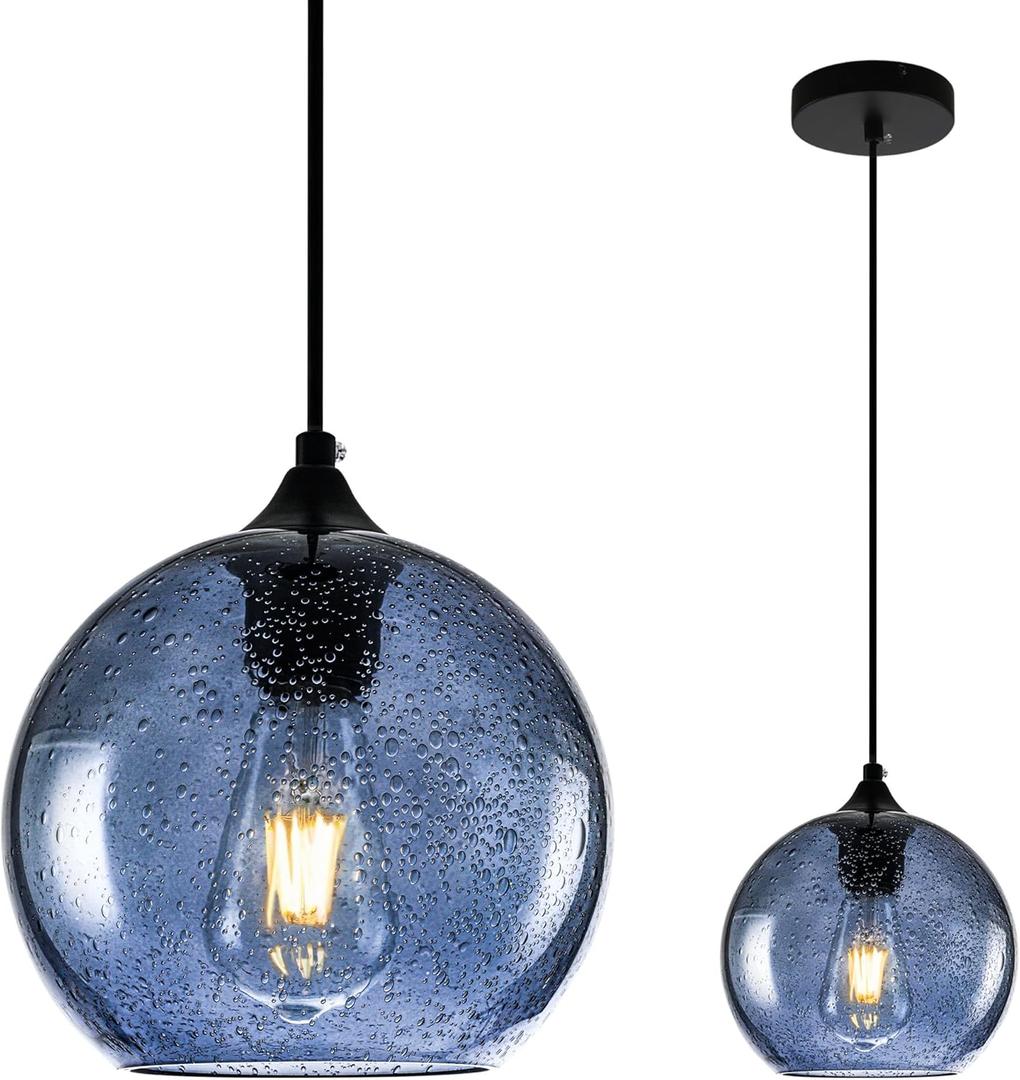 Blue Glass Pendant Lights Kitchen Island Modern Globe Hand Blown Glass Ceiling Hanging Lights fixtures for Living Dining Room Bedroom (7.8in)