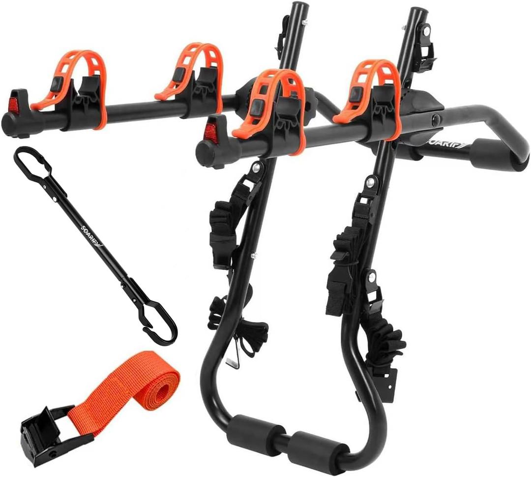 Sports Deluxe 2-Bike Trunk Mount Rack, Model SY-Trunk-BR, Black + Orange up to 70lbs Load (Trunk Bike Rack+Barbar)