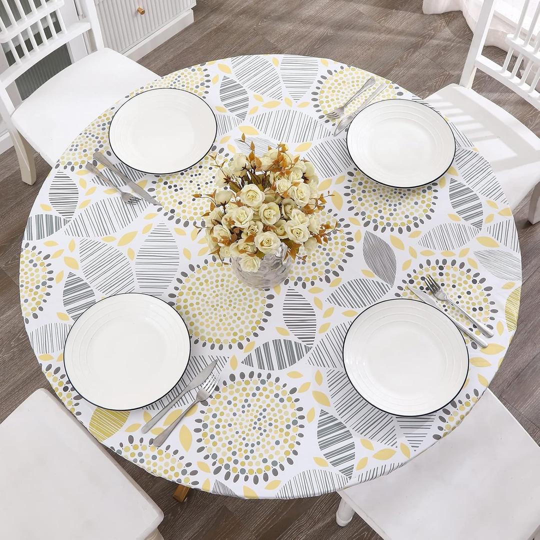 Round Vinyl Fitted Tablecloth with Flannel Backing Elastic Edge Design Table Cover Waterproof Oil-Proof PVC Table Cloth Stain-Resistant Best for 37"-44" Round (Floral)