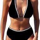 ZAFUL Womens High Waisted Bikini Sets Halter Floral Shell Stitch 2 Piece Swimsuits V Neck Tummy Control Bathing Suits Medium, Black 