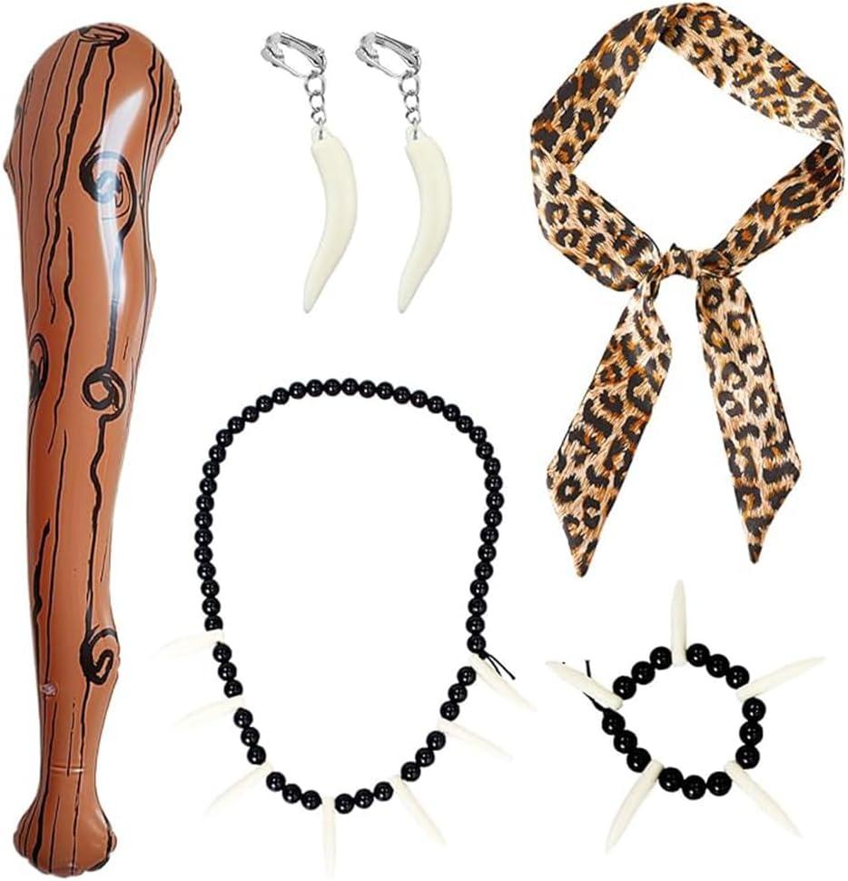 sanderala 5 Pcs Caveman Costumes Accessories Leopard Headband Necklace Tooth Bone Bracelet Earrings for Stone age Halloween Cosplay