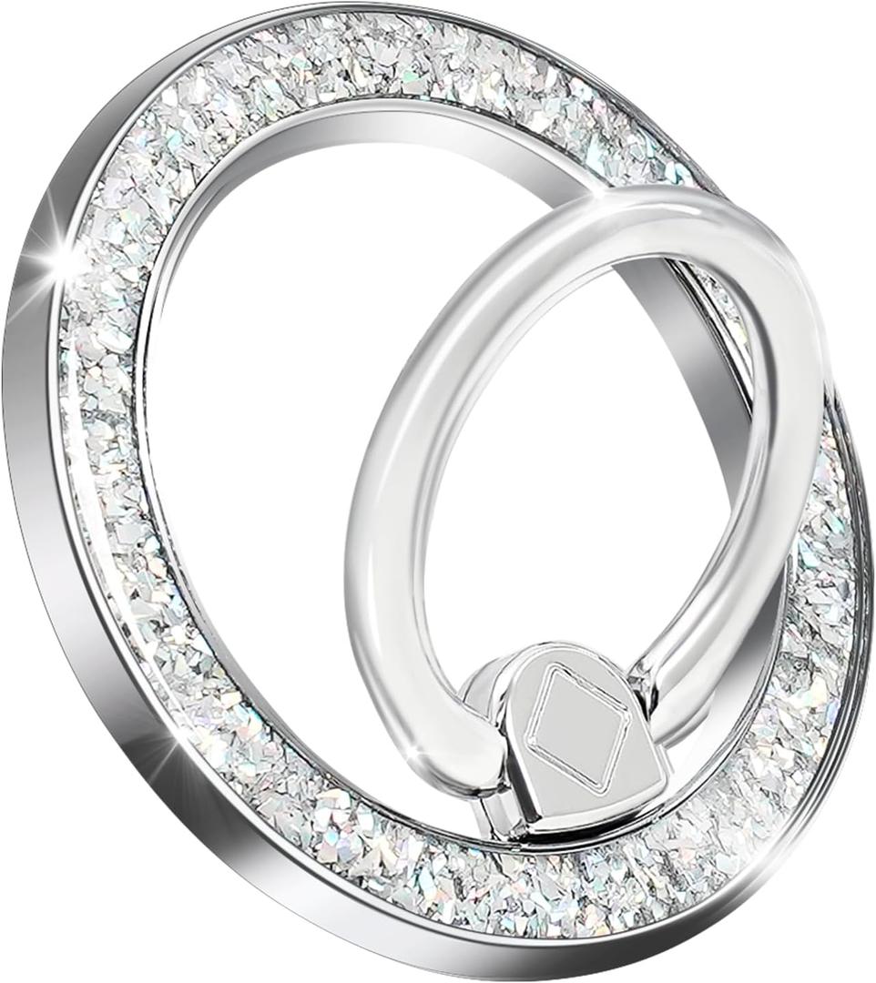 Magnetic Phone Ring for MagSafe Grip [Super Magnet] Gold Twinkle Design Ring Holder Stand, magsafe pop Socket (Silver)