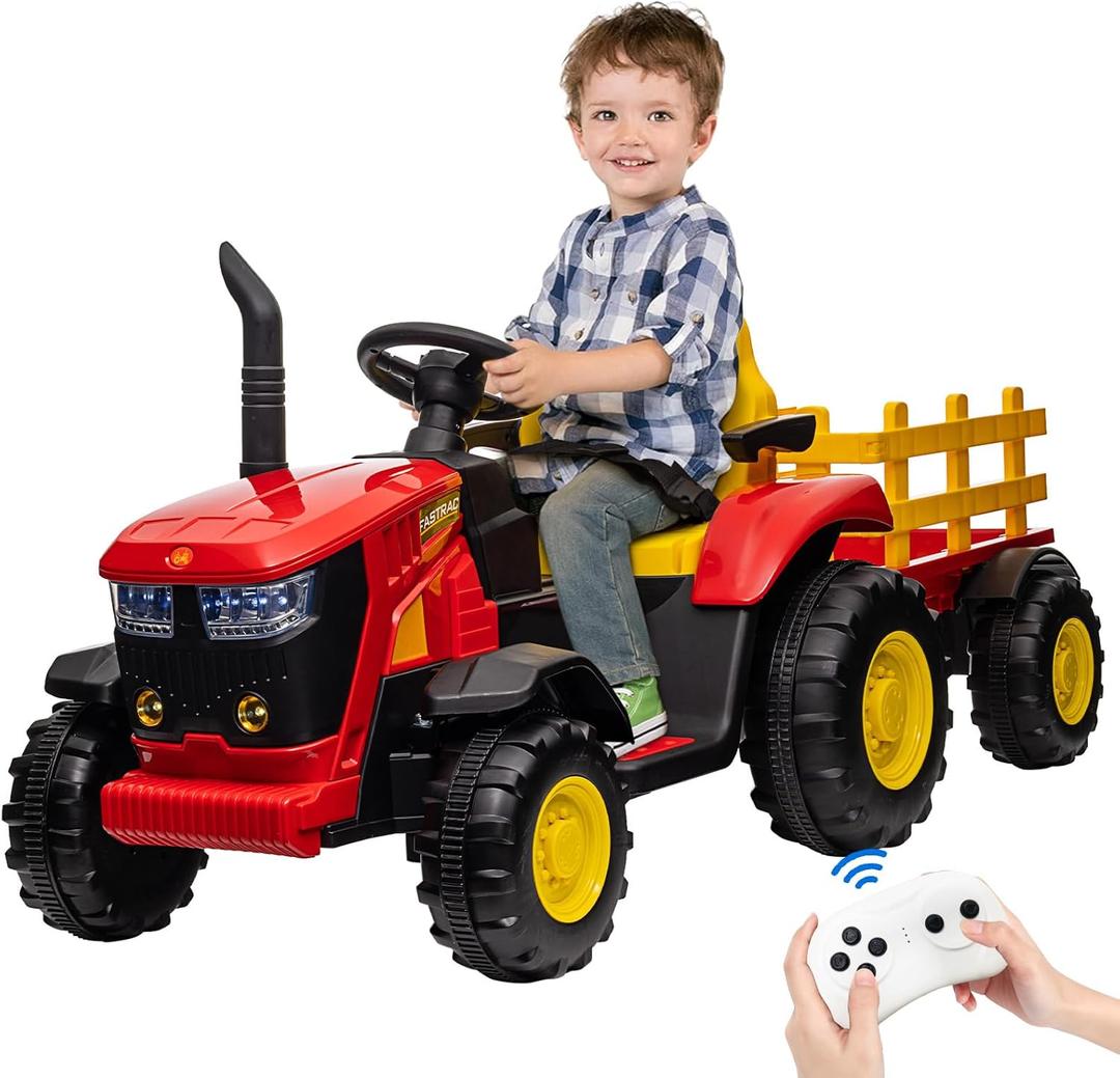 Kids Ride on Tractor with Remote Control, 12V Battery Powered Electric Tractor and 35W Dual Motors for Kids Bluetooth Music/USB, 3-Gear-Shift, Safety Belt, 7-LED Lights, Scarlet (Normal)