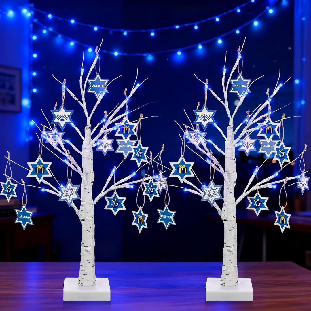 2 Pack 24'' Hanukkah Decorations Birch Tree with Blue LED Lights and 30 Star of David Hanging Ornaments, Lighted Tree White Tabletop Pre Lit Light with USB & Battery Operated for Christmas