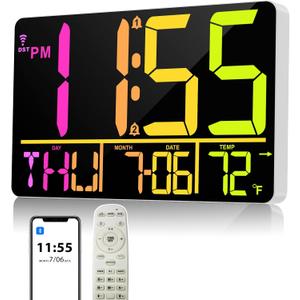 13" Bluetooth Auto Sync Wall Clock- Large Digital Alarm Clock with Remote, RGB Color Changing, 25 Ringtones, Adjustable Brightness, Auto DST, for Living Room, Kitchen, Office, Elderly