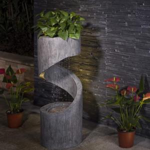 Glitzhome Tiered Outdoor Water Fountain with LED Light, Curved Outdoor Fountain Waterfall with Stone Planter, Freestanding Spiral Outdoor Garden Water Fountains, 31.3H