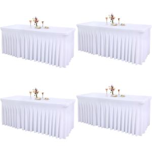 4 Packs White Tableclothes for 6 Foot Rectangle Tables, Wrinkle Resistant Fitted Table Cloth Stretch Spandex Table Covers with Skirt for Event Banquet Wedding Birthday Party
