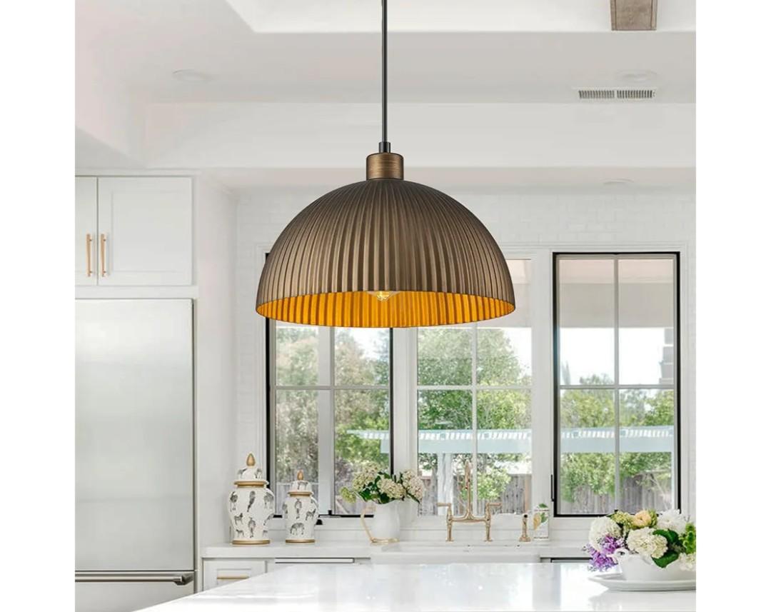 Lingkai Vintage Antique Brass Dome Pendant Light, 11.8'' Pendant Lights Kitchen Island, Hanging Ceiling Light Striped Metal Shade