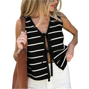 SOLY HUX Women's Sleeveless Striped Sweater Vest V Neck Tie Bow Crochet Knit Tank Tops Casual Loose Cardigan (Black, S)