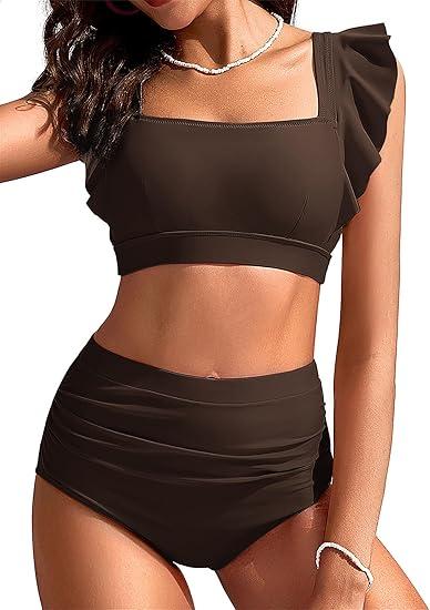 Kate Kasin Womens High Waisted Bikini Sets Ruffle Tummy Control Swimsuits Full Coverage Cheeky Two Piece Bathing Suit L