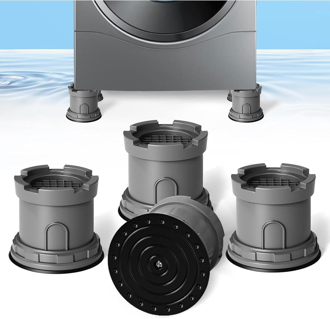 4Pcs Anti Vibration Pads for Washing Machine, Adjustable Height Stops Washer Dryer Moving, Prevents Noise, Vibration Transfer, Antivibration Stabilizer Support Feet with Suction Cup Bottom (Grey)
