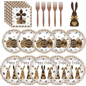 Avezano 96 pcs Easter Plates and Napkins Disposable Happy Easter Paper Plates Dinnerware set Buffalo Plaid Brown Bunny Eggs Tableware Serves 24