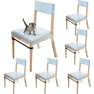 Kigley 6 Pcs Plastic Chair Covers for Dining Room Chairs Clear Plastic Seat Covers Water Stain Kitty Scratch Resistant PVC Waterproof Chair Protector with Adjustable Belt Strap for Most 18"- 20" Seats