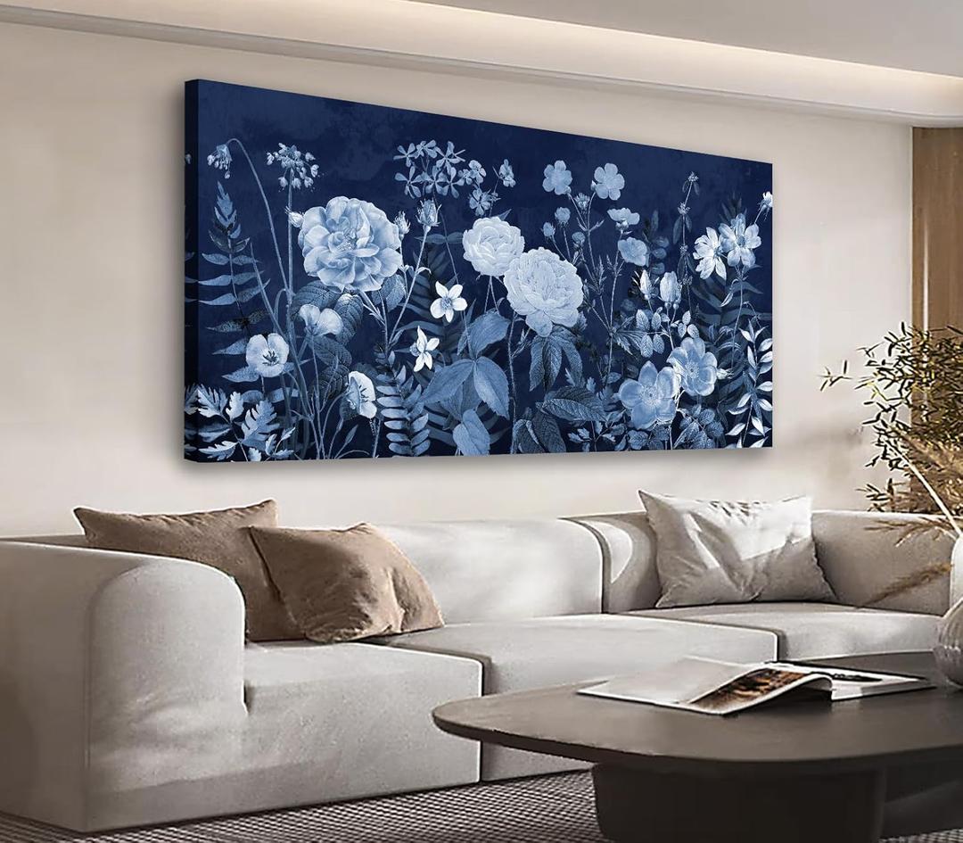 Large Flowers Wall Art for Living Room Decor Framed Art Floral Canvas Pictures Vintage Blossom Artwork Navy Blue Botanical Wildflower Canvas Prints for Bedroom Home Office Wall Decor 20" X 40"