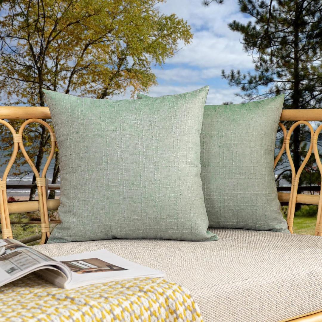 Kevin Textile Pack of 2 Decorative Outdoor Waterproof Pillow Covers Spring Checkered Garden Cushion Sham Throw Pillowcase Shell for Patio Tent Couch 18x18 Inch Mint