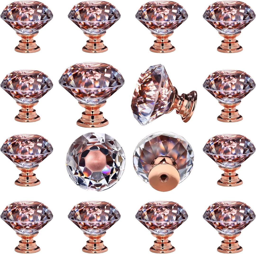 DEELF 12 Packs Kitchen Cabinet Knobs, 30 mm Crystal Cabinet Knobs, Diamond Dresser Handle Drawer Pulls, Dresser Knobs for Cabinets and Drawers, Rose Gold Base