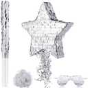 Disco Ball Small Piata with Stick Blindfold and Confetti, Silver Foil Piatas for Birthday Party Kids Adults Retro Birthday Game Party Decorations Supplies(Star)