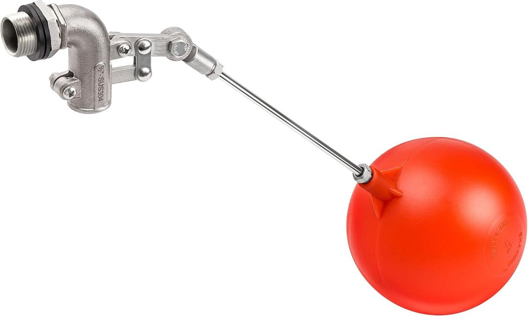 1/2 Inch Stainless Steel Float Valve  Heavy Duty 304 SS Automatic Water Level Control, Adjustable Arm with 5" Float Ball, Leak-Proof Design for Tanks, Troughs