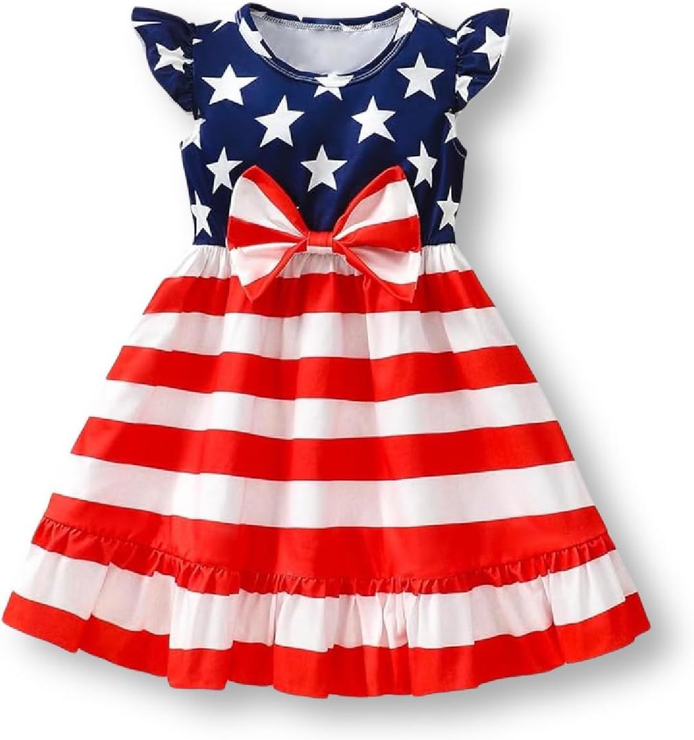 Girls 4th of July Dress Toddler Patriotic American Flag Outfit with Flutter Sleeves Red White Blue Skirt (2-3T)