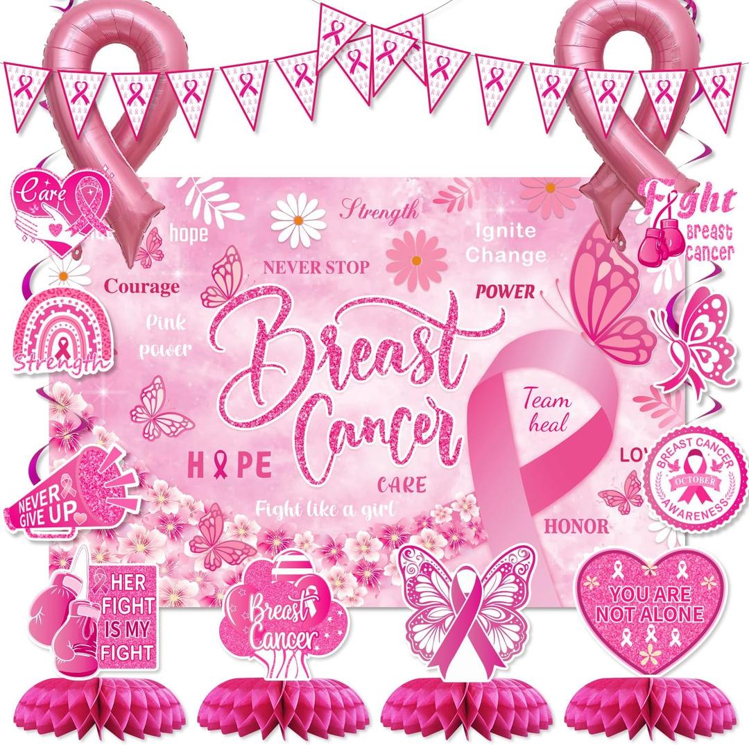 Breast Cancer Awareness Party Decorations,Include Banner,Hanging Swirls,Background and Honeycomb Centerpieces for Breast Cancer Public Charity Activity Party Decorations Supplise.