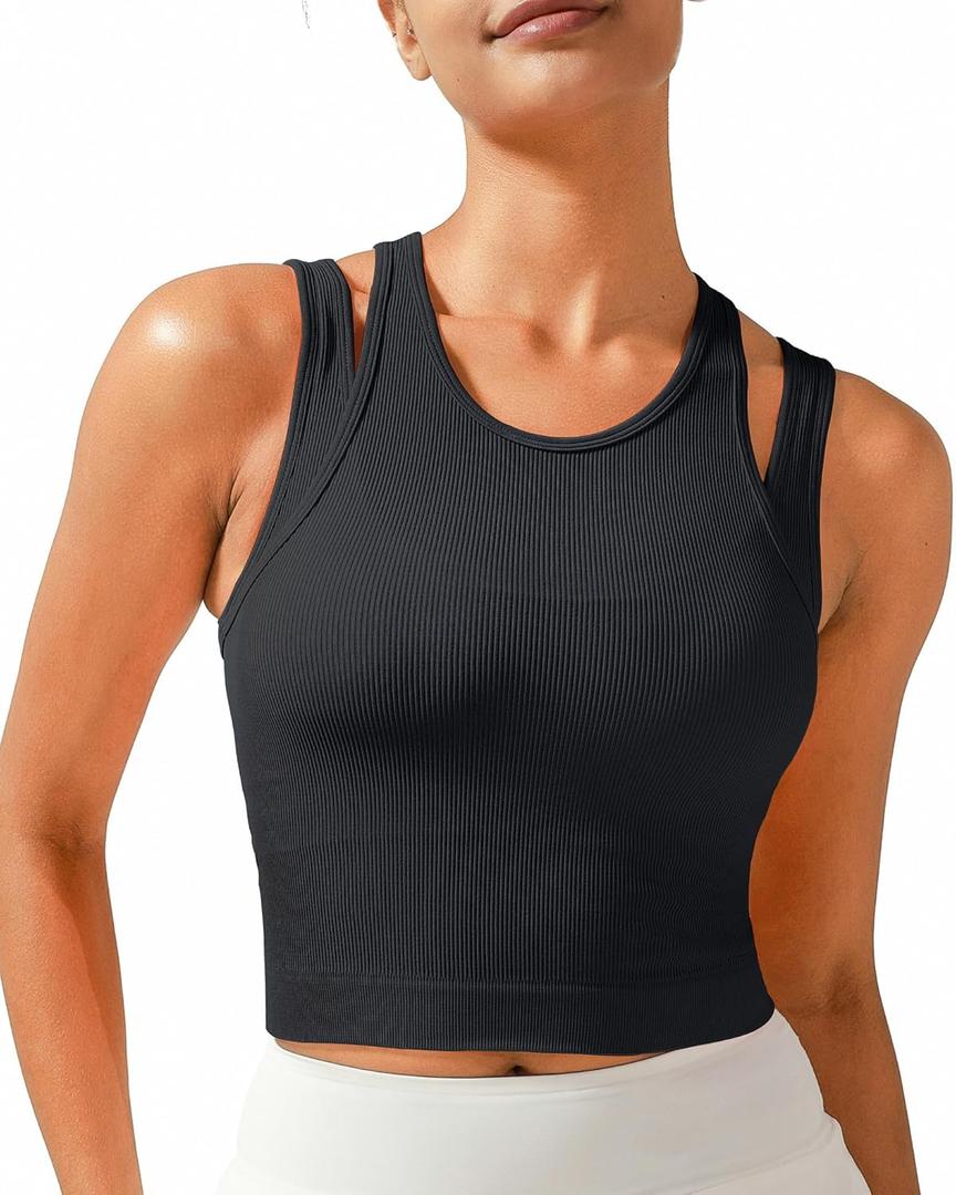 RUNNING GIRL Sports Bras for Women High Impact Seamless Ribbed Longline High Neck Workout Crop Tank Tops Padded (Small)
