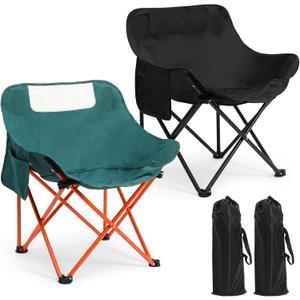 2 Pack Compact Camping Chairs Portable Folding for Outside with Carry Bag Lightweight Moon Chairs for Travel Picnic Hiking Beach Fishing, 600D Oxford, Supports 330lbs(Green, Black), 27.17 x 17.72 x 17.72 inches