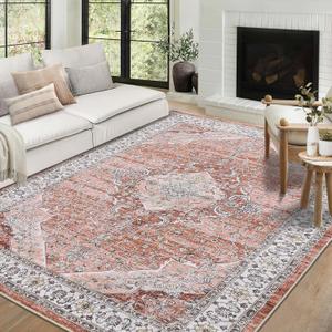 COZYLOOM Washable Area Rug 8 x 10 Rug for Living Room Boho Vintage Medallion Bohemian Rug Non Slip Throw Rugs Large Bedroom Rug Low Pile Stain Resistant Carpet for Dining Room Nursery 8ftx10dt Pink