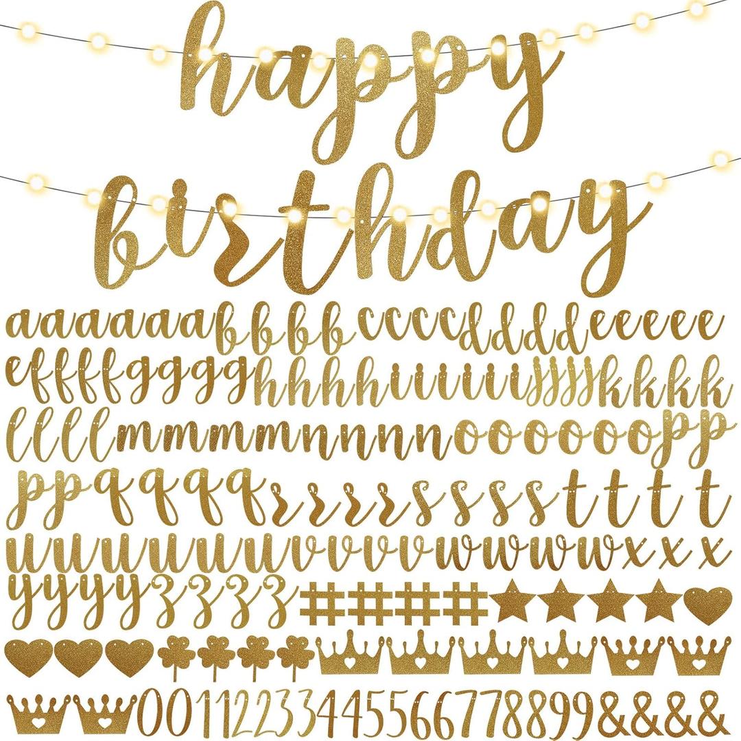 TaoBary 167 Pcs DIY Banner Kit Happy Birthday Glitter Banner Customizable Glitter Make Your Own Kit 162 Letters Symbols and Numbers 3 Rope for Birthday Halloween Wedding Christmas (Champagne Gold)