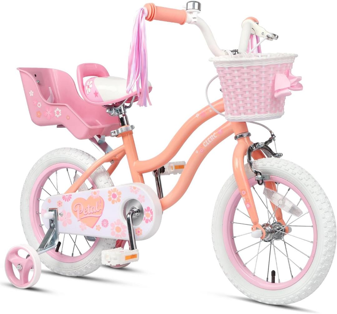 Glerc Petal Girls Bike for Ages 2-9, Kids Bike with Training Wheels, Basket & Streamers, Princess Style Kids Bicycle, for Girls, 14 Inch