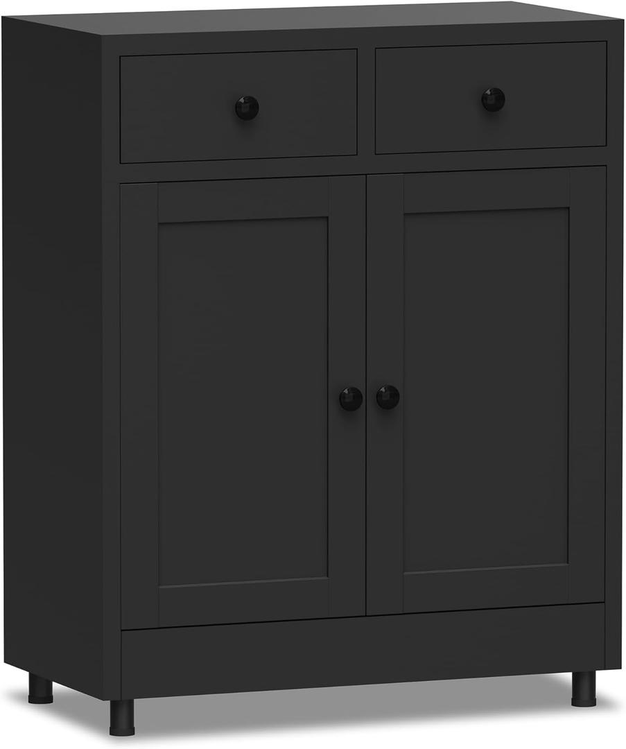Metal Storage Cabinet with 2 Drawers and Adjustable Shelf, Sideboard Buffet Cabinet for Home, Office, Hallway, Entryway, Living Room, Kitchen Pantry and Dining Room (Black, 34.8"H, With Feet)