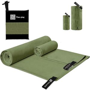 Tian qing Microfiber Travel Towel Set, 2 Piece, Quick Dry Camping Towel, Lightweight,Fast Drying Soft Towel for Beach,Backpacking Hiking Gym Yoga Swimming (Army Green, Medium)