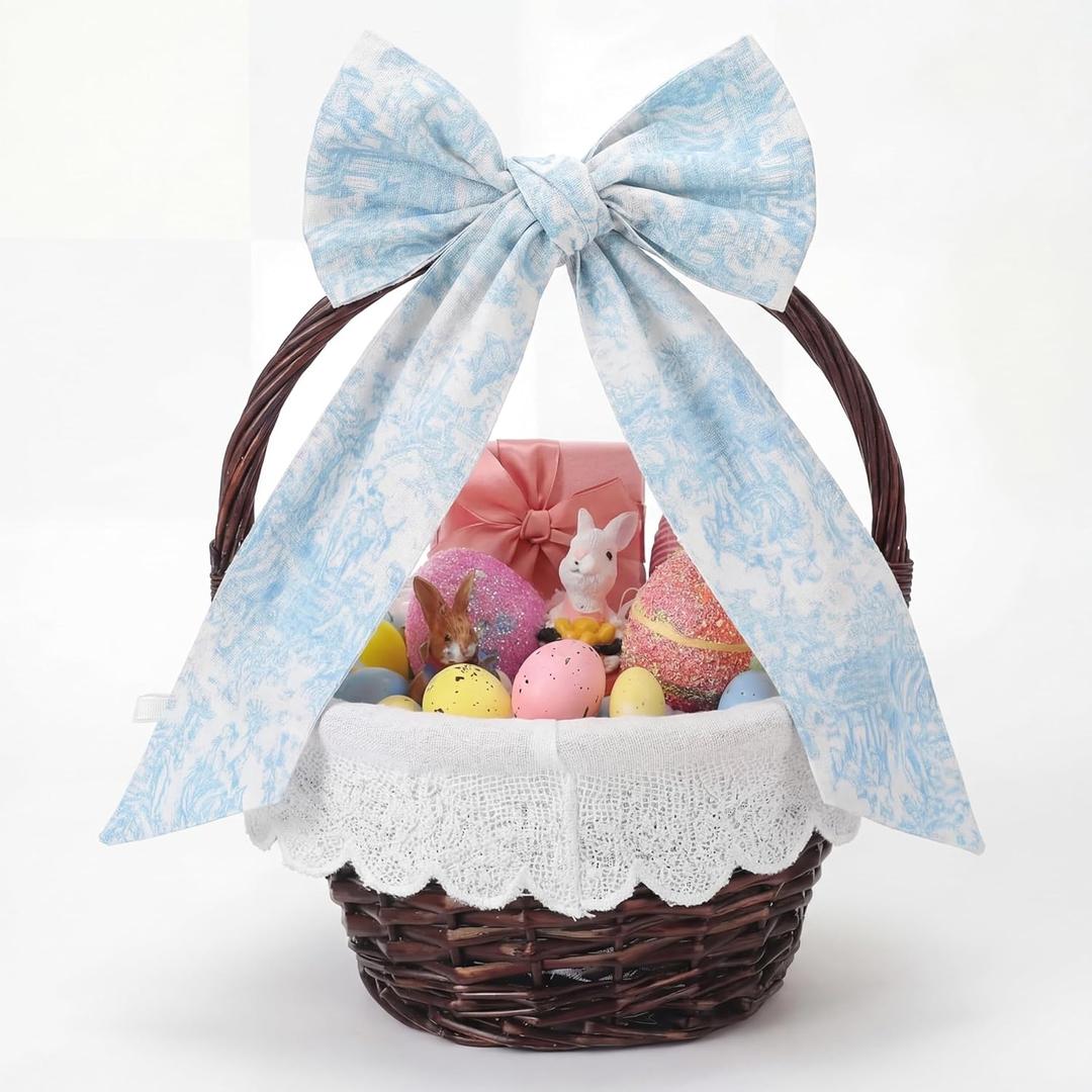 Qinyoung Easter Wicker Basket with Bow Large Blue Gift Basket with Handle Scallop Liner for Spring Picnic Egg Candy Gathering Diaper Caddy Changing Table Towels Wine Storage Wedding Decor
