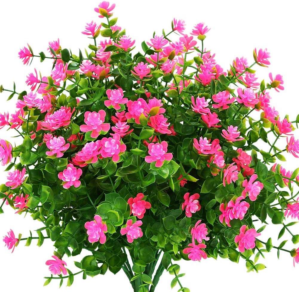 24 Bundles Outdoor Artificial Fake Flowers UV Resistant No Fade Boxwood Faux Plastic Plants for Garden Patio Porch Window Box Home Wedding Farmhouse Dcor (Pink)