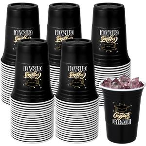 Ziliny 50 Pack Graduation Cups Bulk 16 oz Congrats Grad Cups 2026 Disposable Plastic Hot Cold Beer Beverage Drinks for School Graduation Party Decorations (Black)
