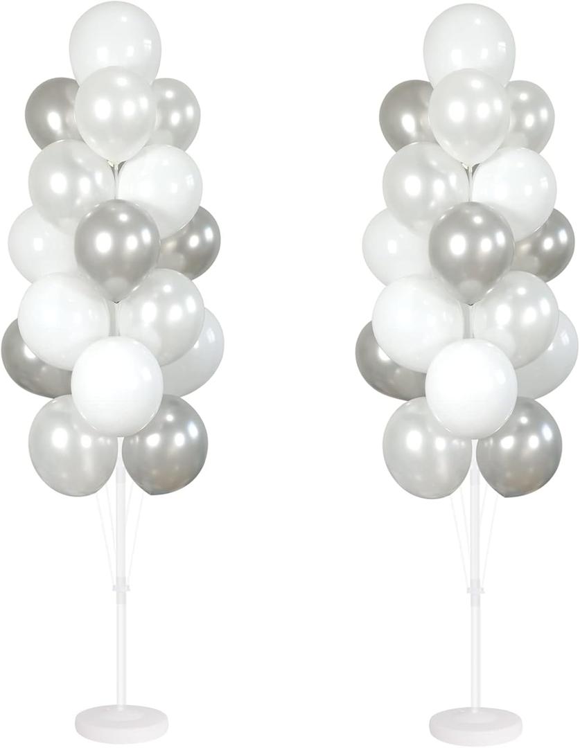 Balloon Column Kit Set of 2 With Balloons Included - with Base, and Pole,Balloon Tower Backdrop Decoration for Wedding, Baby Shower, Birthday Party, or Bachelorette Parties (Silver White)