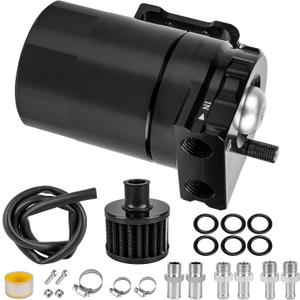 Oil Catch Can, 300ml Black Baffled Catch Can Tank Kit, Aluminum Oil Separator with Fuel Line Hose Kit, Coolant Reservoir Tank