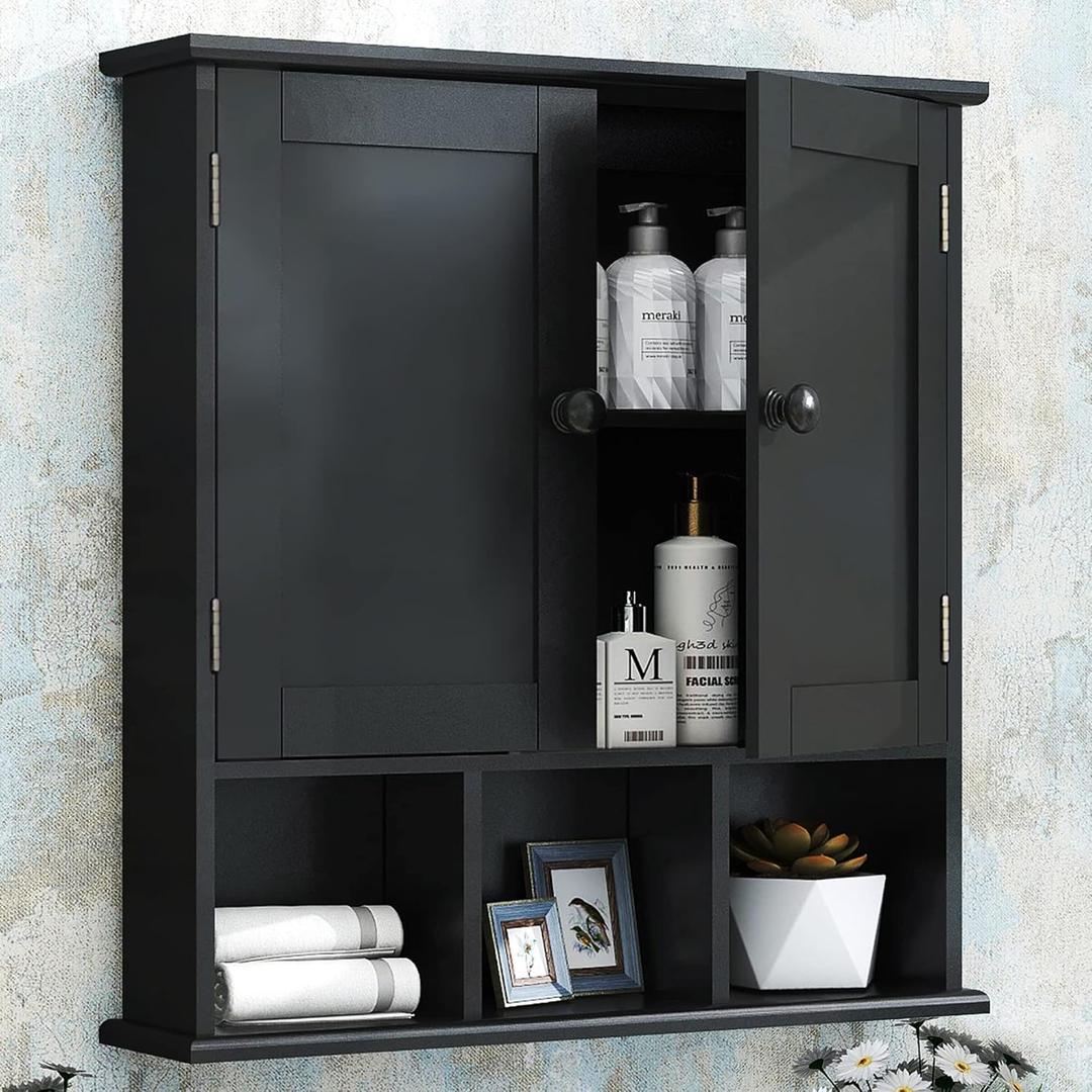 TaoHFE Black Bathroom over the Toilet Storage Cabinet, Wall Medicine Cabinet Organizer with 2 Door Adjustable Shelves, Wooden Modern Bathroom Shelves Wall Mounted Laundry Room, 21L x 5.1W x 23H Inches, 20.1l X 5.1w X 22.8h Inches