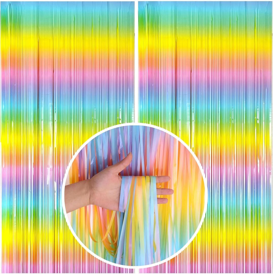 Pastel Rainbow Foil Fringe Curtain Streamers Party Backdrop Foil Fringe Backdrop Curtains Tinsel Streamers for Birthday Party Easter Decorations (2 Pack)