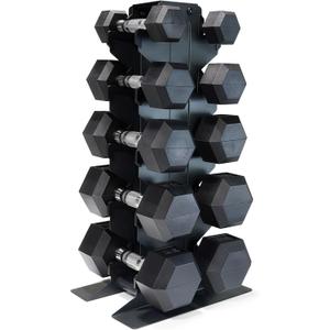 CAP 150 lb Rubber Coated Hex Chrome Handles Dumbbell Set with Vertical Dark Rack