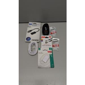 DisplayPort to HDMI Adapter (boxed)

HDMI cable (black)

White cable (appears to be an Ethernet or phone cable)

Energizer lithium coin batteries (2 packs)

Ring Video Doorbell Wired (boxed)

Wall cord cover / cable management kit (small white kit in box)