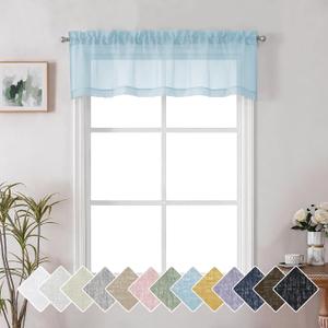 Lecloud Doris Sheer Sky Blue Curtain Valance 14 Inches Long, Light Filtering Slub Faux Linen Curtain for Bedroom Living Room Window, Half Small Kitchen Valance with Dual Rod Pockets, 60 W x 14 L Inch
