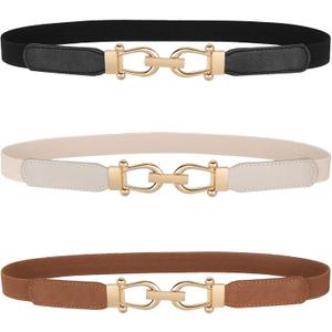 JASGOOD Women Skinny Elastic Belt for Dresses,Thin Retro Stretch Waist Belt with Golden Buckle (Fit waist size 37-45 inch, A-black+brown+beige)