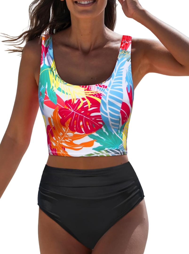 popvil High Waisted Bikini Sets for Women Modest Two Piece Tummy Control Swimsuit Floral Full Coverage Black Bathing Suit (Large)