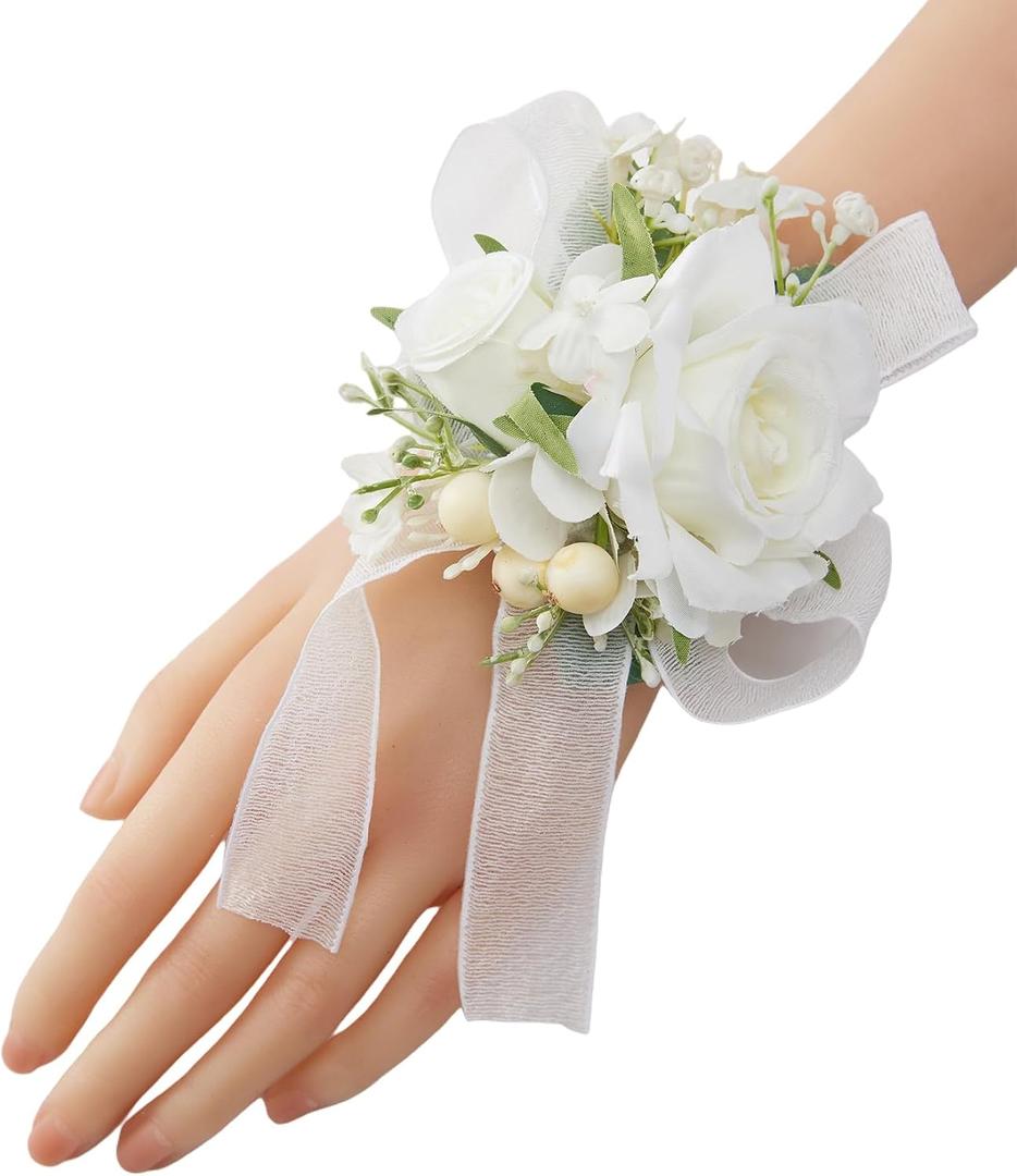 White Wrist Corsage for Women Bride Bridesmaids Wedding, Set of 6, Artificial Rose Corsages Wristlet for Prom Suit Accessories Bridal Shower Mother Homecoming Flowers Party Ceremony Anniversary