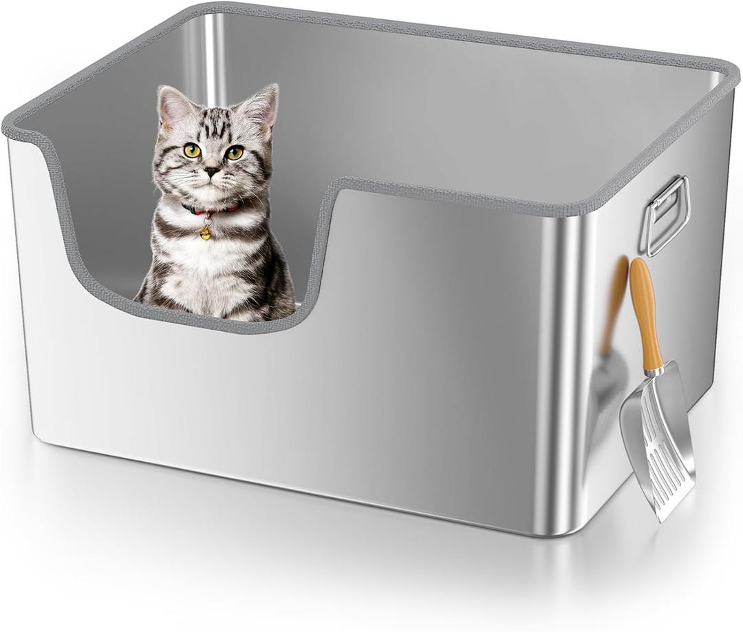 40L XXL Stainless Steel Litter Box with High Sides,No Sharp Edges for Big Cats Maine Coon,One-Piece Deep Stainless Steel Litter Boxes with Tall Sides,Anti-Leakage,Non-Sticky,Easy Clean(Front Entry)