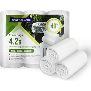 2 x PE 4 Gallon Trash Bags, 105 Count - Unscented Small Garbage Can Liners for Bathroom, Kitchen, Office, White 4 Gal Trash Can Bags