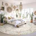 Round Rug 9ft,Large Boho Circle Area Rugs for Bedroom Living Room,Beige Washable Vintage Bohemian Distressed Oriental Floral Carpet Non Slip, 9'x9'